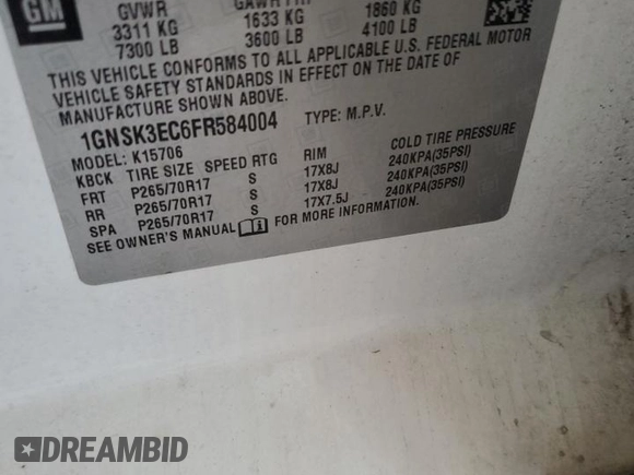 2015 Chevrolet Tahoe Commercial with VIN 1GNSK3EC6FR584004, listed as a Copart auction lot 53166265 with Not provided miles and Salvage title. Bid and sale history available at DreamBid. Image 12.