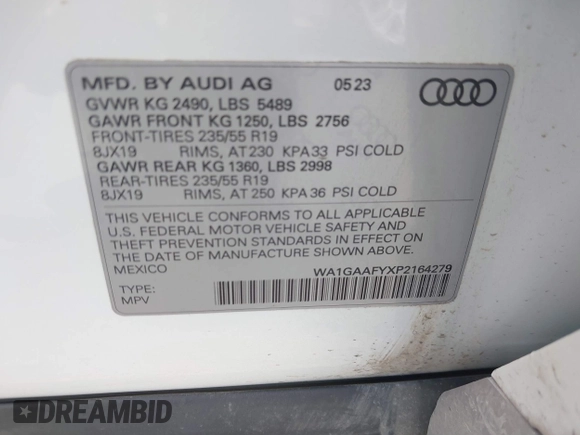 2023 Audi Q5 S line Premium with VIN WA1GAAFYXP2164279, listed as a IAAI auction lot 41315386 with 8,911 mi miles. Bid and sale history available at carsss.com. Image 9.
