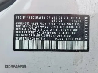 2019 Volkswagen Jetta S with VIN 3VWN57BU4KM007384, listed as a Copart auction lot 61614705 with 100,127 mi miles and Salvage title. Bid and sale history available at DreamBid. Image 12.