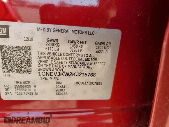 2019 Chevrolet Traverse RS with VIN 1GNEVJKW2KJ215768, listed as a Copart auction lot 73047453 with 108,284 mi miles. Bid and sale history available at carsss.com. Image 12.