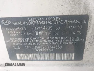 2013 Hyundai Sonata GLS z VIN 5NPEB4AC2DH744689, wystawiony jako IAAI lot #42533404 z przebiegiem 127 021 mil mil oraz . Historia ofert i sprzedaży dostępna na DreamBid. Obrazek 9.