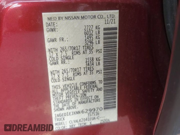 2022 Nissan Frontier S with VIN 1N6ED1EJXNN629970, listed as a Copart auction lot 80120024 with 29,266 mi miles and Non repairable. Bid and sale history available at DreamBid. Image 14.