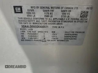 2013 Chevrolet Equinox LT with VIN 2GNALDEK6D6400971, listed as a Copart auction lot 53633555 with 142,694 mi miles and Salvage Title. Bid and sale history available at carsss.com. Image 13.
