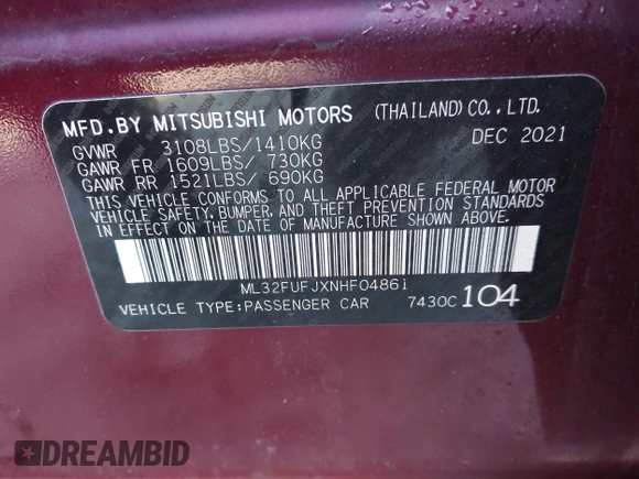2022 Mitsubishi Mirage ES with VIN ML32FUFJXNHF04861, listed as a IAAI auction lot 41803710 with 14,815 mi miles and . Bid and sale history available at DreamBid. Image 9.