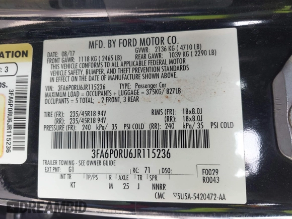 2018 Ford Fusion Titanium with VIN 3FA6P0RU6JR115236, listed as a IAAI auction lot 42111343 with 106,858 mi miles and . Bid and sale history available at DreamBid. Image 9.