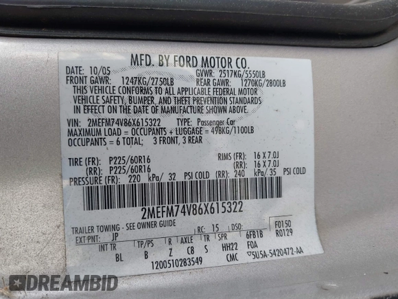 2006 Mercury Grand Marquis GS with VIN 2MEFM74V86X615322, listed as a IAAI auction lot 41784522 with Not Provided miles and . Bid and sale history available at DreamBid. Image 9.