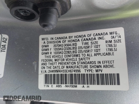 2014 Honda CR-V EX with VIN 2HKRM4H55EH674996, listed as a IAAI auction lot 42053923 with 110,065 mi miles. Bid and sale history available at carsss.com. Image 9.