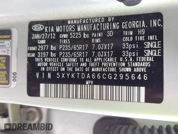 2012 Kia Sorento LX with VIN 5XYKTDA66CG295646, listed as a IAAI auction lot 42225434 with 139,961 mi miles and . Bid and sale history available at DreamBid. Image 9.