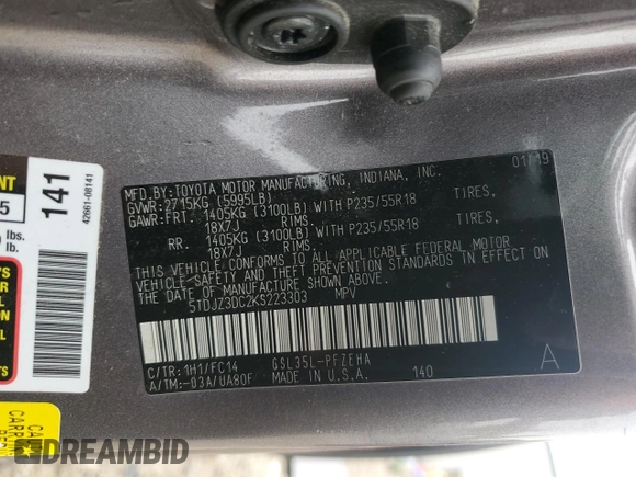 2019 Toyota Sienna LE with VIN 5TDJZ3DC2KS223303, listed as a Copart auction lot 65820654 with 286,964 mi miles and Clean Title. Bid and sale history available at carsss.com. Image 13.