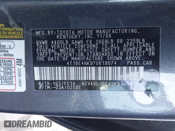 2007 Toyota Camry CE with VIN 4T1BE46K97U619074, listed as a IAAI auction lot 41968431 with 202,724 mi miles and . Bid and sale history available at DreamBid. Image 9.