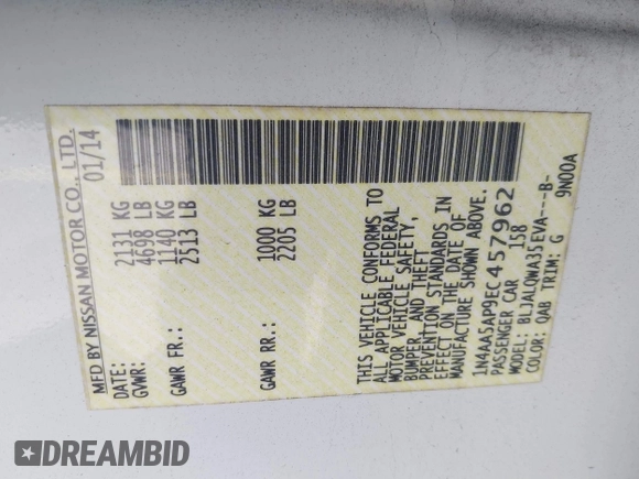 2014 Nissan Maxima SV with VIN 1N4AA5AP9EC457962, listed as a IAAI auction lot 41698090 with 94,451 mi miles and . Bid and sale history available at DreamBid. Image 9.