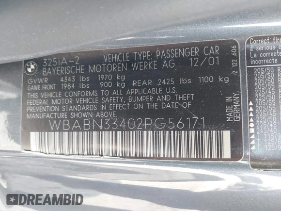 2002 BMW 3 Series 325Ci with VIN WBABN33402PG56171, listed as a IAAI auction lot 42657532 with 166,553 mi miles and . Bid and sale history available at DreamBid. Image 9.