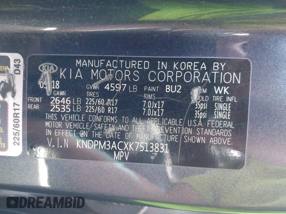 2019 Kia Sportage LX with VIN KNDPM3ACXK7513831, listed as a IAAI auction lot 41969252 with 99,388 mi miles. Bid and sale history available at carsss.com. Image 9.