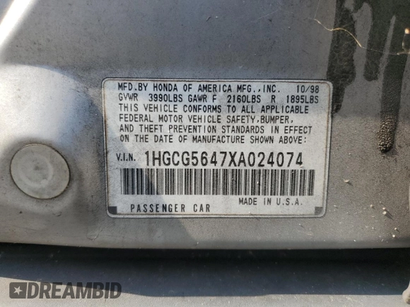 1999 Honda Accord LX z VIN 1HGCG5647XA024074, wystawiony jako Copart lot #56057575 z przebiegiem Nie podano mil oraz Szkoda całkowita • Salvage title. Historia ofert i sprzedaży dostępna na DreamBid. Obrazek 13.