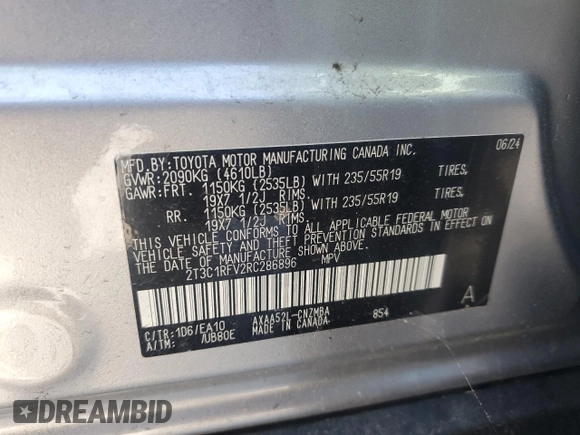 2024 Toyota RAV4 XLE Premium with VIN 2T3C1RFV2RC286896, listed as a Copart auction lot 55402635 with 18,872 mi miles and Salvage title. Bid and sale history available at DreamBid. Image 14.