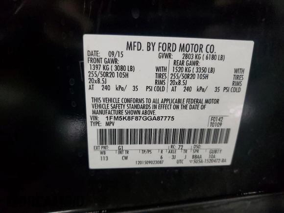 2016 Ford Explorer Limited z VIN 1FM5K8F87GGA87775, wystawiony jako Copart lot #56508755 z przebiegiem 159 692 mil mil oraz Szkoda całkowita • Salvage title. Historia ofert i sprzedaży dostępna na DreamBid. Obrazek 14.