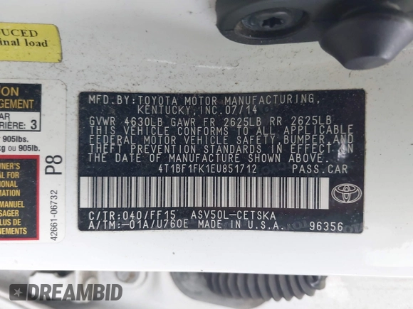 2014 Toyota Camry L with VIN 4T1BF1FK1EU851712, listed as a IAAI auction lot 41940311 with 158,097 mi miles. Bid and sale history available at carsss.com. Image 9.