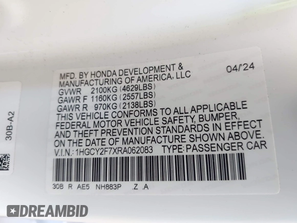 2024 Honda Accord Sport-L with VIN 1HGCY2F7XRA062083, listed as a IAAI auction lot 42268599 with 16,794 mi miles and . Bid and sale history available at DreamBid. Image 9.