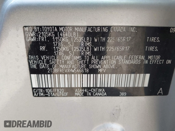 2017 Toyota RAV4 LE with VIN 2T3BFREVXHW546618, listed as a IAAI auction lot 42015842 with 116,888 mi miles and . Bid and sale history available at carsss.com. Image 9.