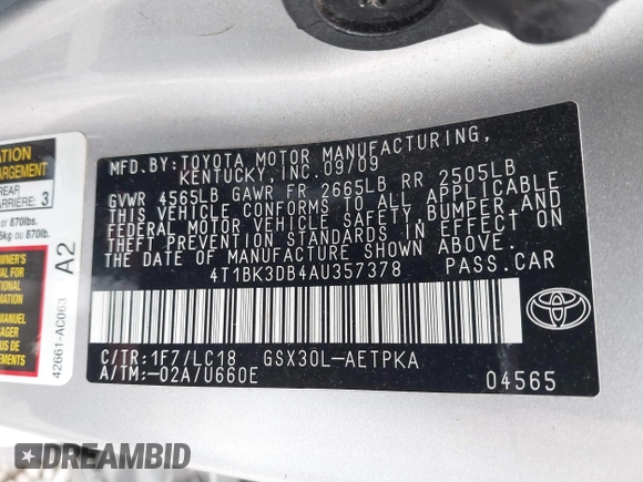 2010 Toyota Avalon XL with VIN 4T1BK3DB4AU357378, listed as a IAAI auction lot 38318161 with 74,523 mi miles and . Bid and sale history available at carsss.com. Image 9.