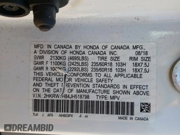 2018 Honda CR-V EX-L with VIN 2HKRW1H84JH518798, listed as a Copart auction lot 53500745 with 131,475 mi miles and Salvage Title. Bid and sale history available at DreamBid. Image 15.