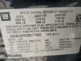 2013 GMC Terrain SLT with VIN 2GKALWEK2D6175862, listed as a Copart auction lot 52922015 with 89,361 mi miles and Salvage title. Bid and sale history available at DreamBid. Image 13.