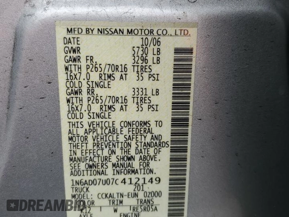 2007 Nissan Frontier SE с VIN 1N6AD07U07C412149, выставлен на аукционе Copart как лот 50151935 с пробегом 111 461 миль миль и Списание • Salvage title. История ставок и продаж доступна на DreamBid. Изображение 14.