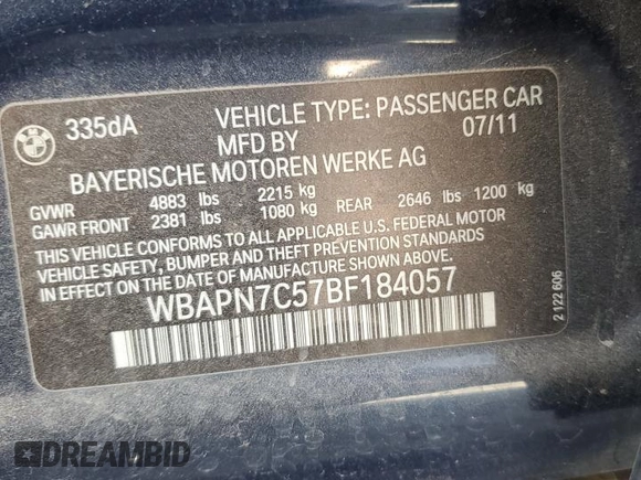 2011 BMW 3 Series 335d with VIN WBAPN7C57BF184057, listed as a Copart auction lot 56023045 with 185,398 mi miles and Clean title. Bid and sale history available at DreamBid. Image 12.