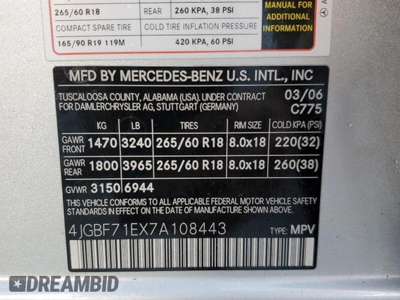 2007 Mercedes-Benz GL-Class with VIN 4JGBF71EX7A108443, listed as a Copart auction lot 75088444 with 180,949 mi miles and Salvage Title. Bid and sale history available at carsss.com. Image 13.