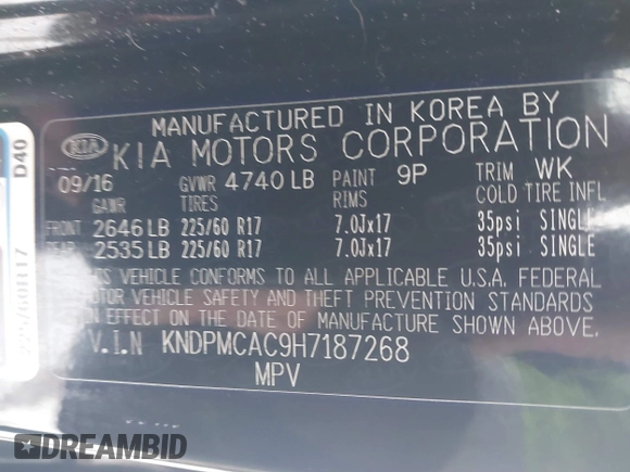 2017 Kia Sportage LX with VIN KNDPMCAC9H7187268, listed as a IAAI auction lot 41631107 with 107,135 mi miles and . Bid and sale history available at carsss.com. Image 9.