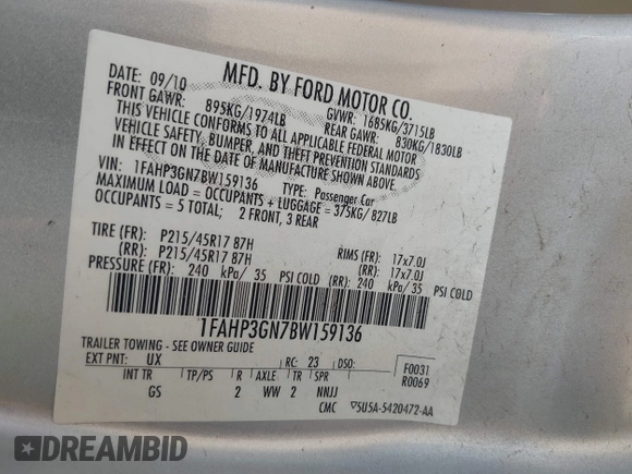 2011 Ford Focus SES with VIN 1FAHP3GN7BW159136, listed as a IAAI auction lot 42126098 with 154,780 mi miles and . Bid and sale history available at DreamBid. Image 9.
