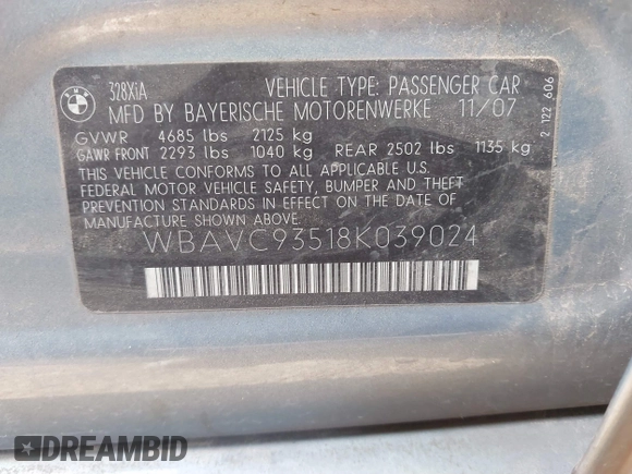 2008 BMW 3 Series 328xi z VIN WBAVC93518K039024, wystawiony jako IAAI lot #41551444 z przebiegiem 175 943 mil mil oraz . Historia ofert i sprzedaży dostępna na DreamBid. Obrazek 9.