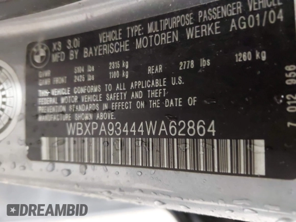 2004 BMW X3 3.0i z VIN WBXPA93444WA62864, wystawiony jako IAAI lot #41819294 z przebiegiem 201 534 mil mil oraz . Historia ofert i sprzedaży dostępna na DreamBid. Obrazek 9.