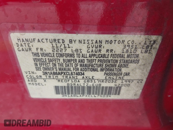 2012 Nissan Sentra S с VIN 3N1AB6APXCL674034, выставлен на аукционе IAAI как лот 42437497 с пробегом Не указан миль и . История ставок и продаж доступна на DreamBid. Изображение 9.
