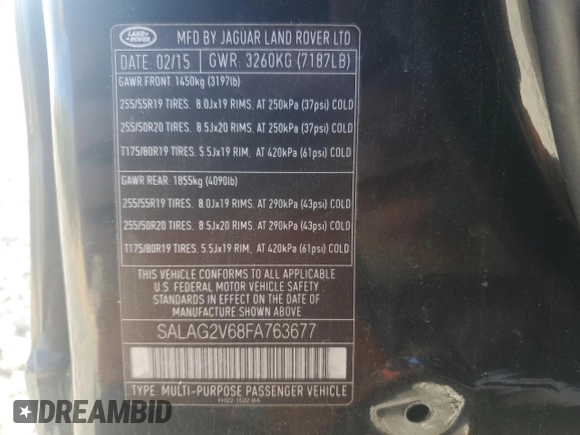 2015 Land Rover LR4 HSE with VIN SALAG2V68FA763677, listed as a Copart auction lot 53087165 with 95,488 mi miles and Salvage title. Bid and sale history available at DreamBid. Image 13.