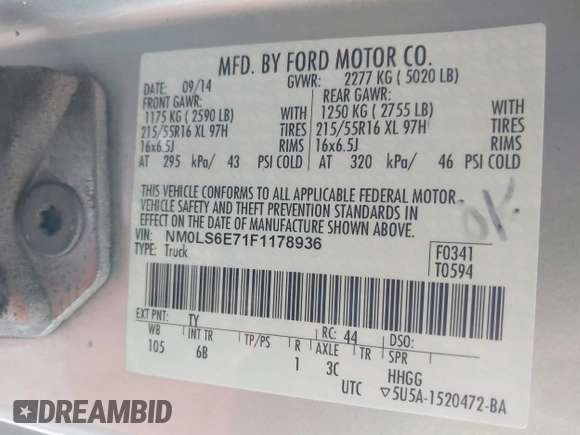 2015 Ford Transit Connect XL with VIN NM0LS6E71F1178936, listed as a IAAI auction lot 41670181 with 269,300 mi miles and . Bid and sale history available at DreamBid. Image 9.