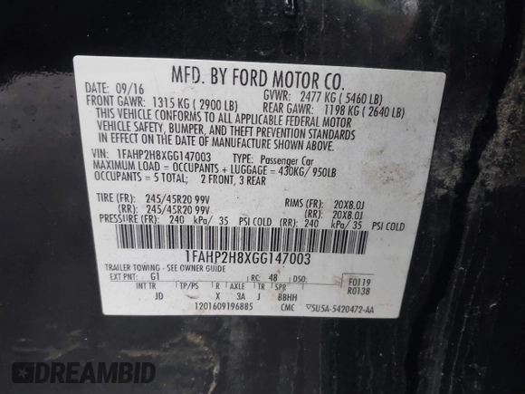 2016 Ford Taurus SEL with VIN 1FAHP2H8XGG147003, listed as a IAAI auction lot 41920397 with 113,891 mi miles and . Bid and sale history available at DreamBid. Image 9.