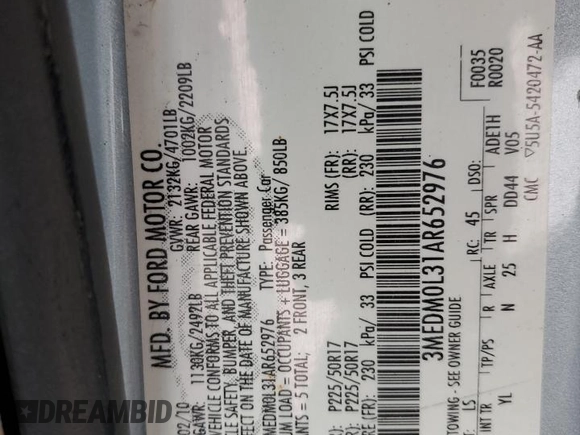 2010 Mercury Milan Hybrid with VIN 3MEDM0L31AR652976, listed as a Copart auction lot 82427944 with 115,014 mi miles and Salvage Title. Bid and sale history available at carsss.com. Image 12.