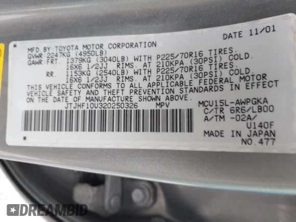 2002 Lexus RX 300 z VIN JTJHF10U320250326, wystawiony jako IAAI lot #42361530 z przebiegiem 232 338 mil mil oraz . Historia ofert i sprzedaży dostępna na DreamBid. Obrazek 9.