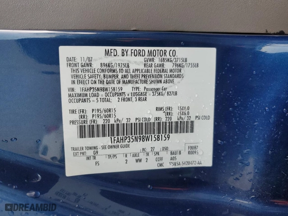 2008 Ford Focus SE with VIN 1FAHP35N98W158159, listed as a Copart auction lot 86862844 with 256,149 mi miles and Salvage Title. Bid and sale history available at carsss.com. Image 13.