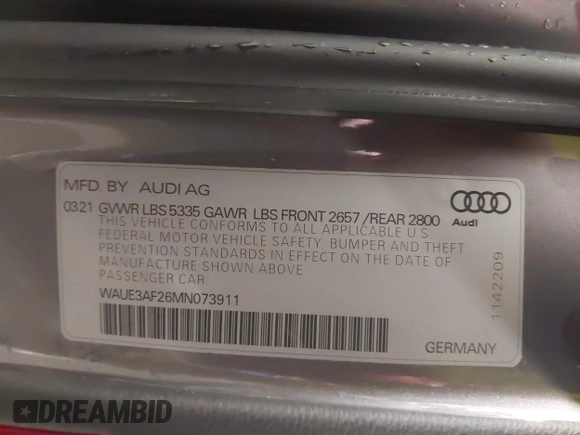 2021 Audi A6 Premium Plus with VIN WAUE3AF26MN073911, listed as a IAAI auction lot 42006754 with 38,834 mi miles. Bid and sale history available at carsss.com. Image 9.