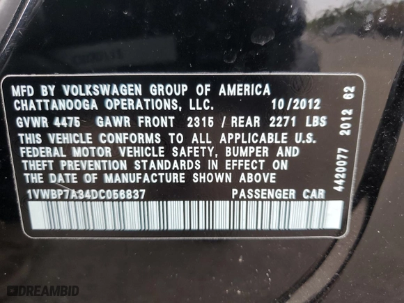 2013 Volkswagen Passat SE with VIN 1VWBP7A34DC056837, listed as a Copart auction lot 53806635 with 197,723 mi miles and Salvage Title. Bid and sale history available at carsss.com. Image 12.