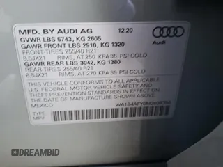 2021 Audi SQ5 Premium Plus with VIN WA1B4AFY0M2038350, listed as a Copart auction lot 70038294 with 31,724 mi miles and Salvage Title. Bid and sale history available at DreamBid. Image 12.