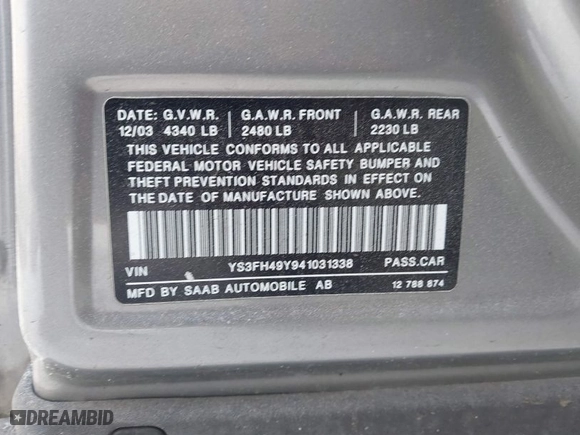 2004 Saab 9-3 Aero with VIN YS3FH49Y941031338, listed as a IAAI auction lot 41404815 with 101,979 mi miles. Bid and sale history available at carsss.com. Image 9.