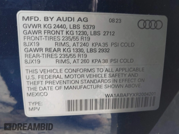 2024 Audi Q5 Premium with VIN WA1ABAFYXR2004201, listed as a IAAI auction lot 40997985 with 9,084 mi miles and . Bid and sale history available at DreamBid. Image 9.
