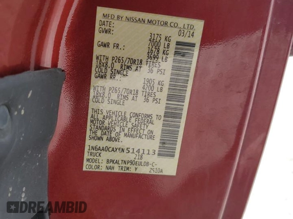 2014 Nissan Titan SV with VIN 1N6AA0CAXEN514113, listed as a Copart auction lot 53114095 with 32,135 mi miles and Salvage title. Bid and sale history available at DreamBid. Image 14.