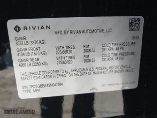 2025 Rivian R1S Adventure with VIN 7PDSGBBA4SN047584, listed as a IAAI auction lot 41372645 with 501 mi miles. Bid and sale history available at carsss.com. Image 9.