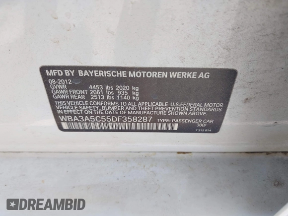 2013 BMW 3 Series 328i with VIN WBA3A5C55DF358287, listed as a IAAI auction lot 42027372 with 149,981 mi miles. Bid and sale history available at carsss.com. Image 9.