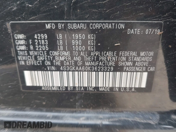 2019 Subaru Impreza z VIN 4S3GKAA60K3623329, wystawiony jako IAAI lot #42092482 z przebiegiem 58 404 mil mil oraz . Historia ofert i sprzedaży dostępna na DreamBid. Obrazek 9.