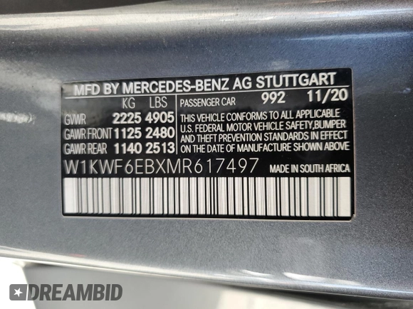 2021 Mercedes-Benz C 43 AMG with VIN W1KWF6EBXMR617497, listed as a Copart auction lot 61688875 with 63,405 mi miles and Salvage title. Bid and sale history available at DreamBid. Image 13.